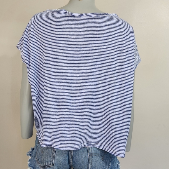 Tahari Blue Striped Linen Oversized Cropped Tee Shirt Size XL - Picture 4 of 9